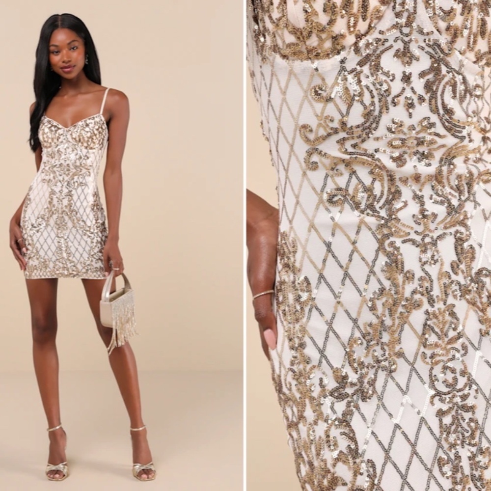 LULU's Prom Wedding Elegant Sexy Bustier Shimmer Sparkly Holiday Party Gold Mini - Picture 1 of 5